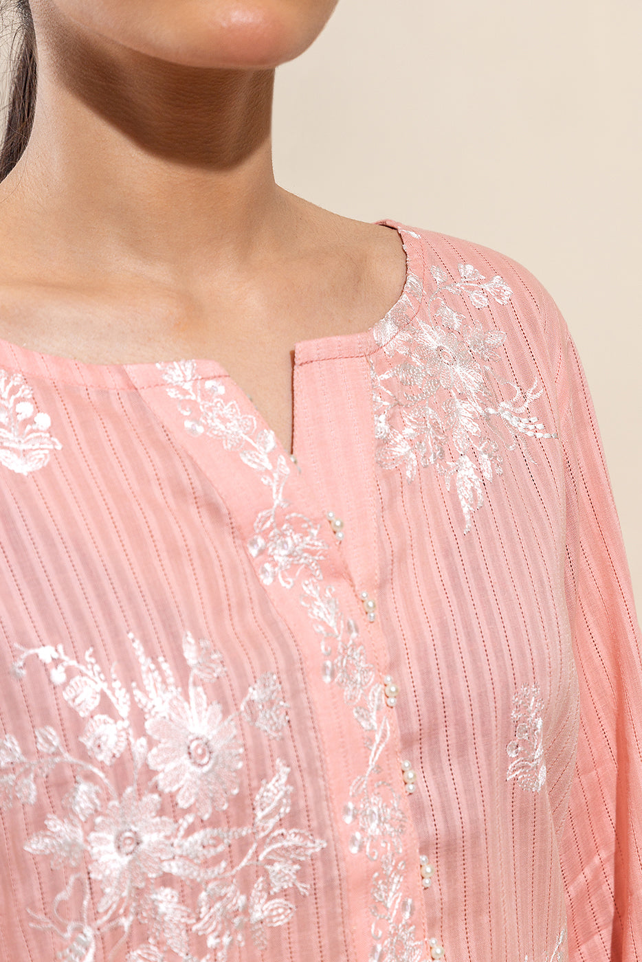 1 Piece Embroidered Leno Karra Shirt-Salmon Muse(Unstitched)