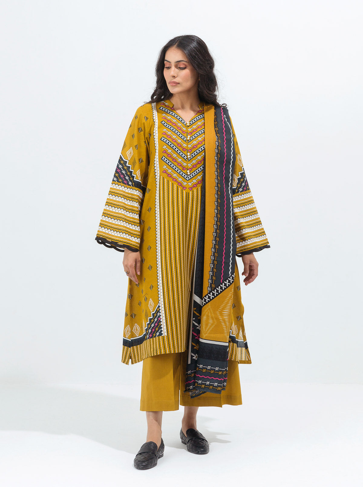 Mustard Mist-Printed With Shawl-3P (Unstitched)