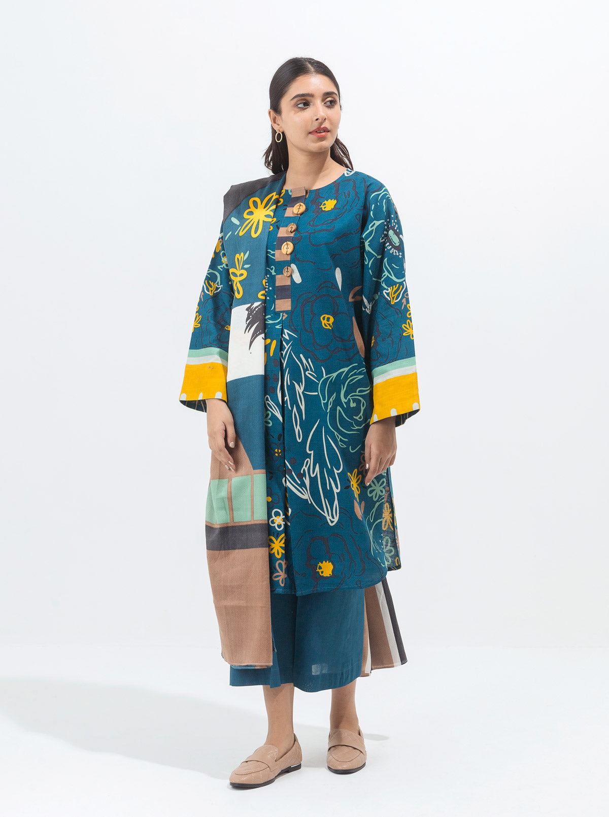 Gardenia Glow-Printed With Shawl-3P (Unstitched)