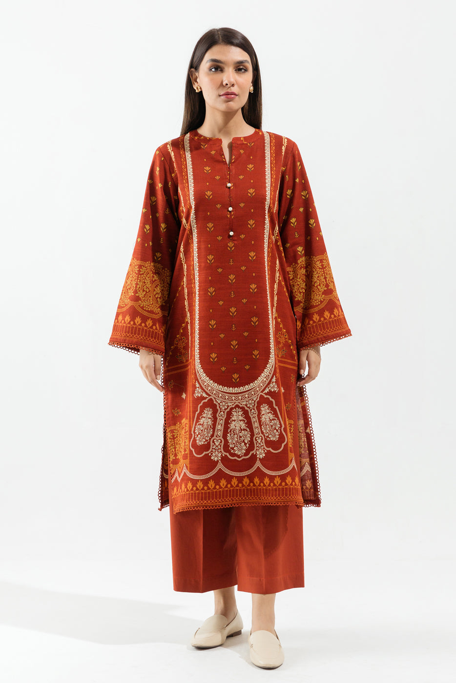 2 Piece - Printed Khaddar Suit - Garnet Glam
