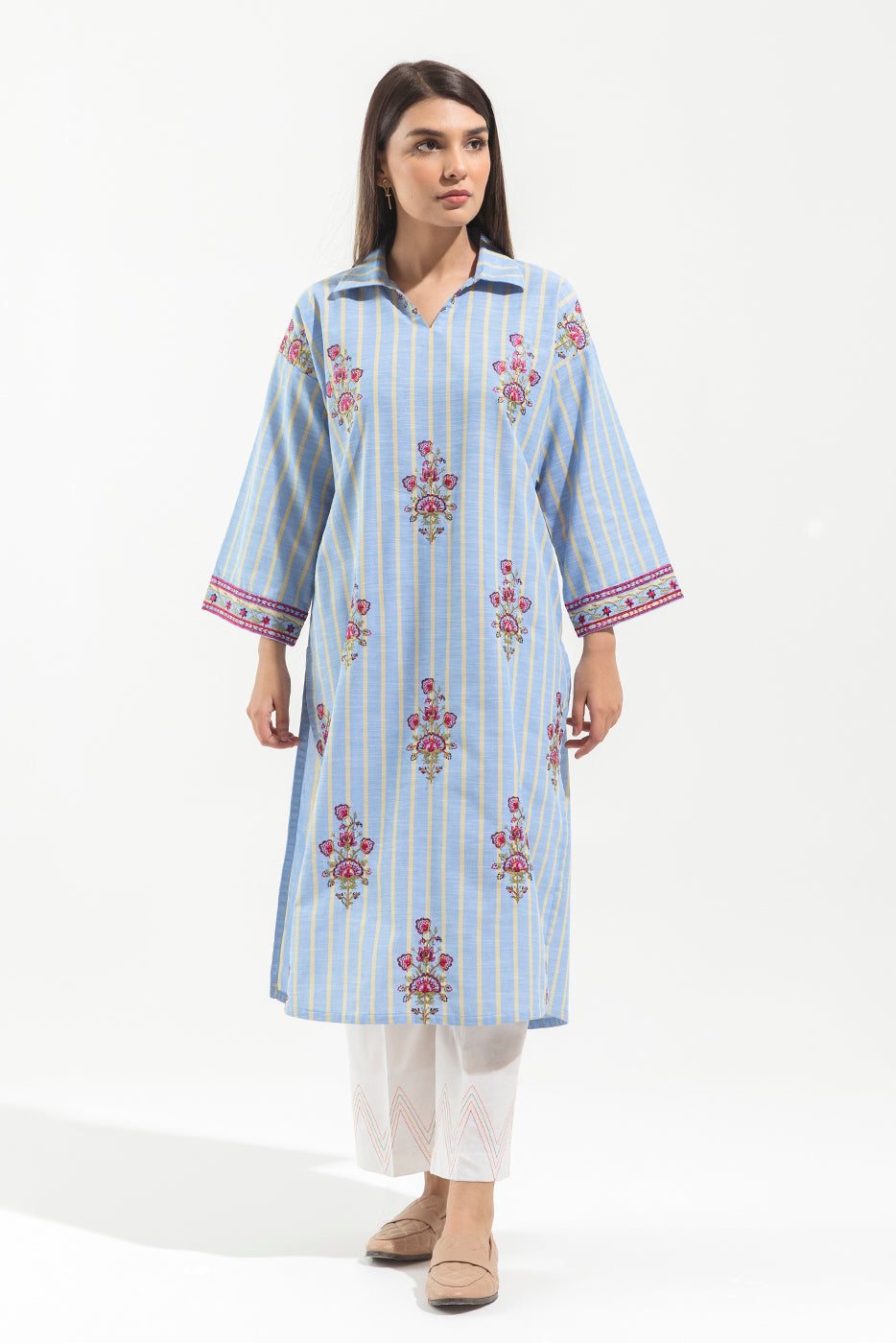 1 PIECE - EMBROIDERED YARN DYED SHIRT - CAROLINA STRIPE (UNSTITCHED)