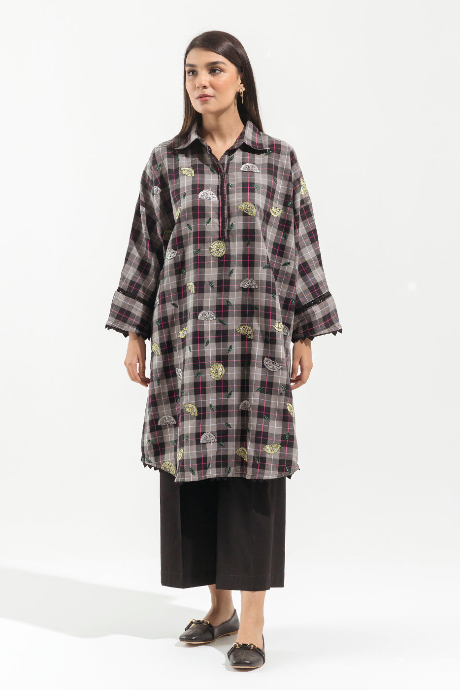 1 PIECE - EMBROIDERED YARN DYED SHIRT - LIME CHESS
