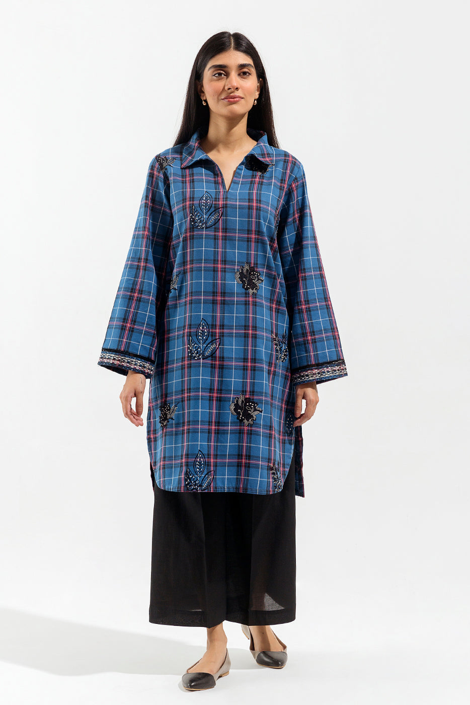 1 PIECE - EMBROIDERED FLANNEL SHIRT - BLUE RADIANCE (UNSTITCHED)