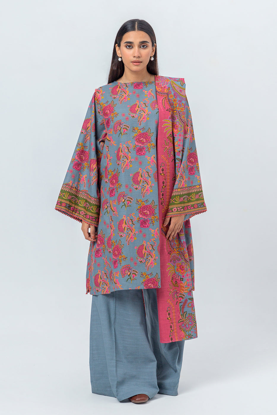 2 Piece - Printed Khaddar Suit - Gray Mist (Unstitched)