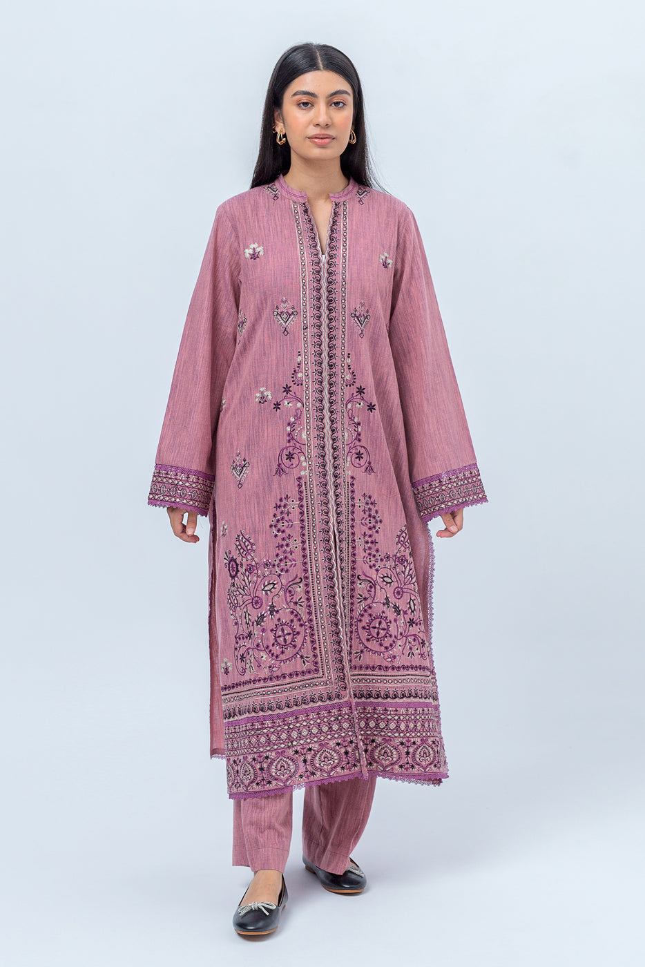 2 Piece - Embroidered Khaddar Suit - Dusky Orchid (Unstitched)
