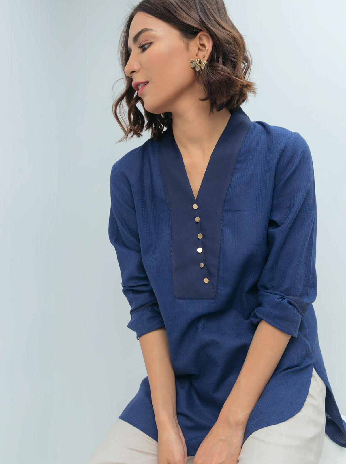 Navy Textured Overlap Neckline Top