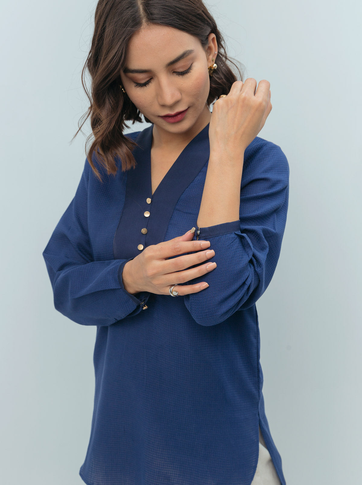 Navy Textured Overlap Neckline Top