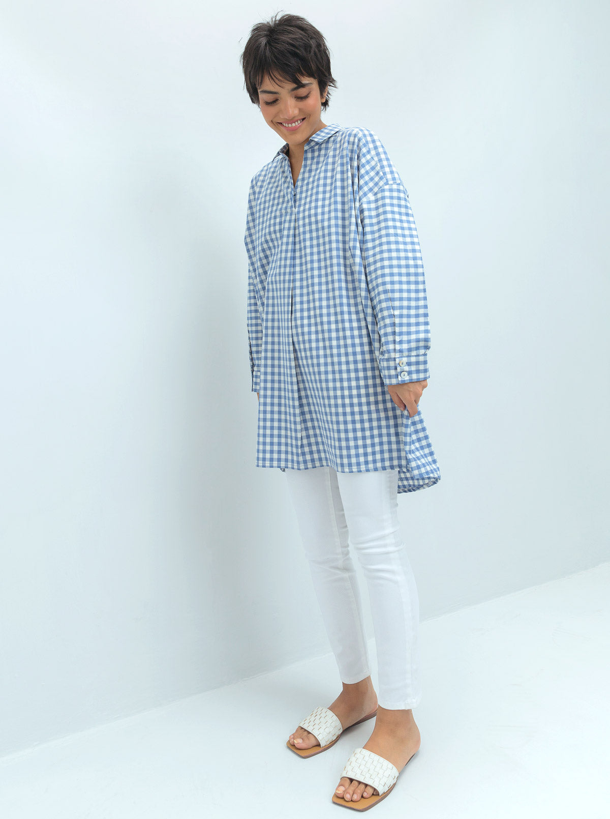 Blue Check Baggy Collar Shirt