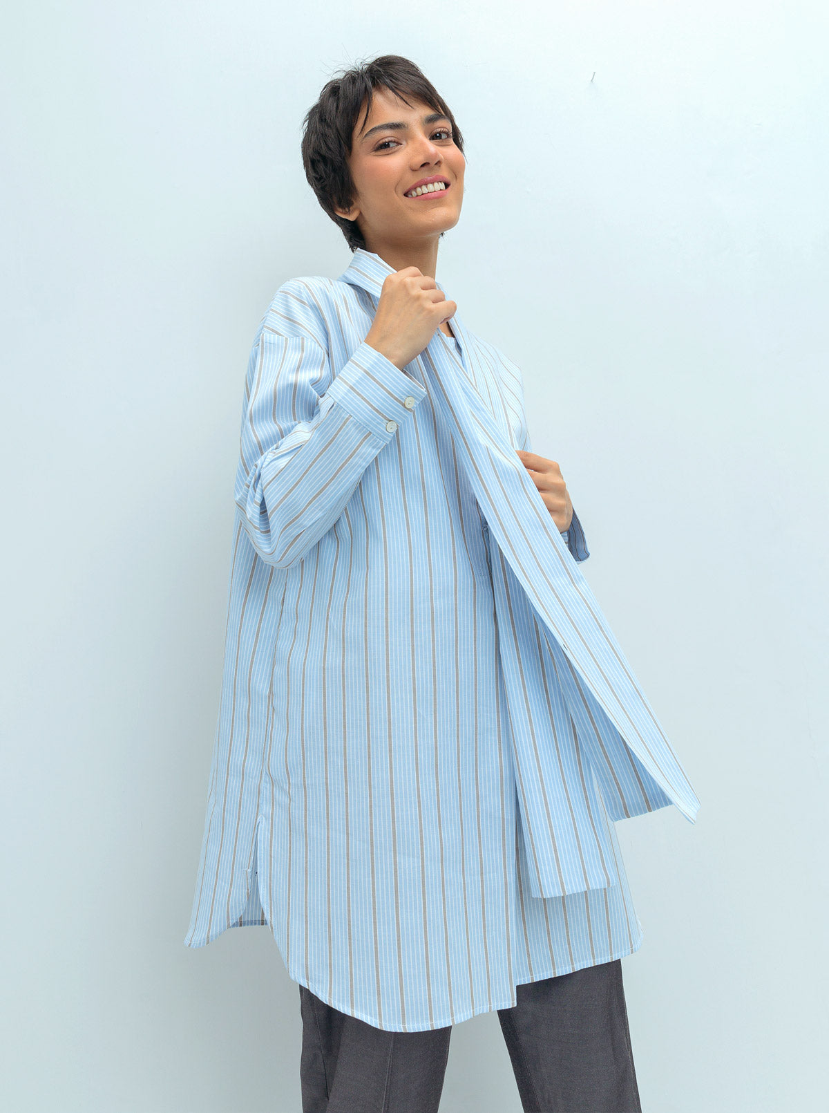 Striped Neck Tie Placket Top