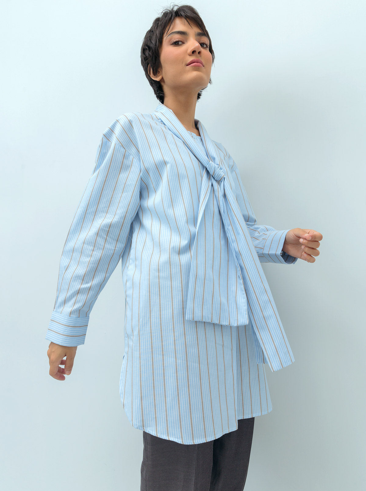 Striped Neck Tie Placket Top