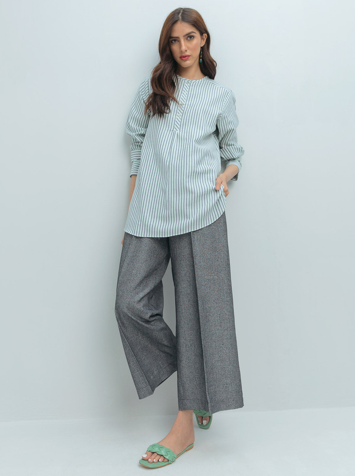 Striped Placket Round Hem Top