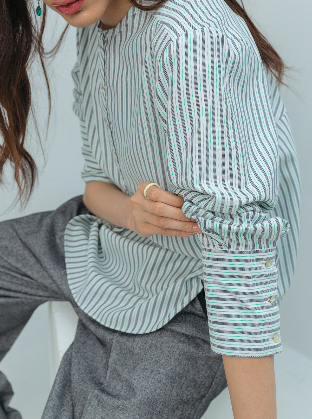 Striped Placket Round Hem Top