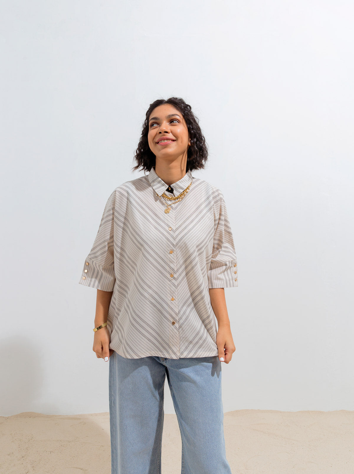 Off-White Striped Boxy Collar Shirt