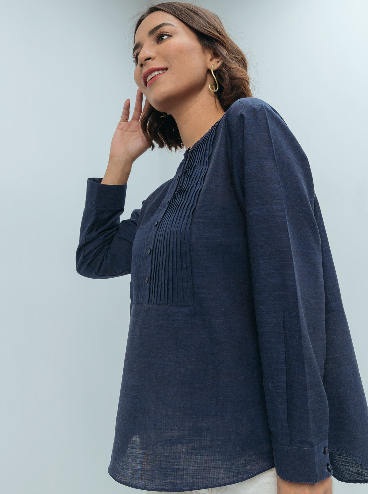 Blue Pleated Yoke Top