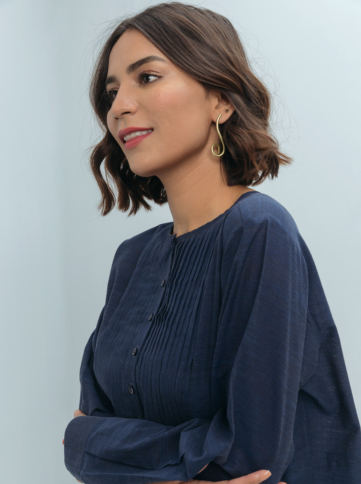 Blue Pleated Yoke Top