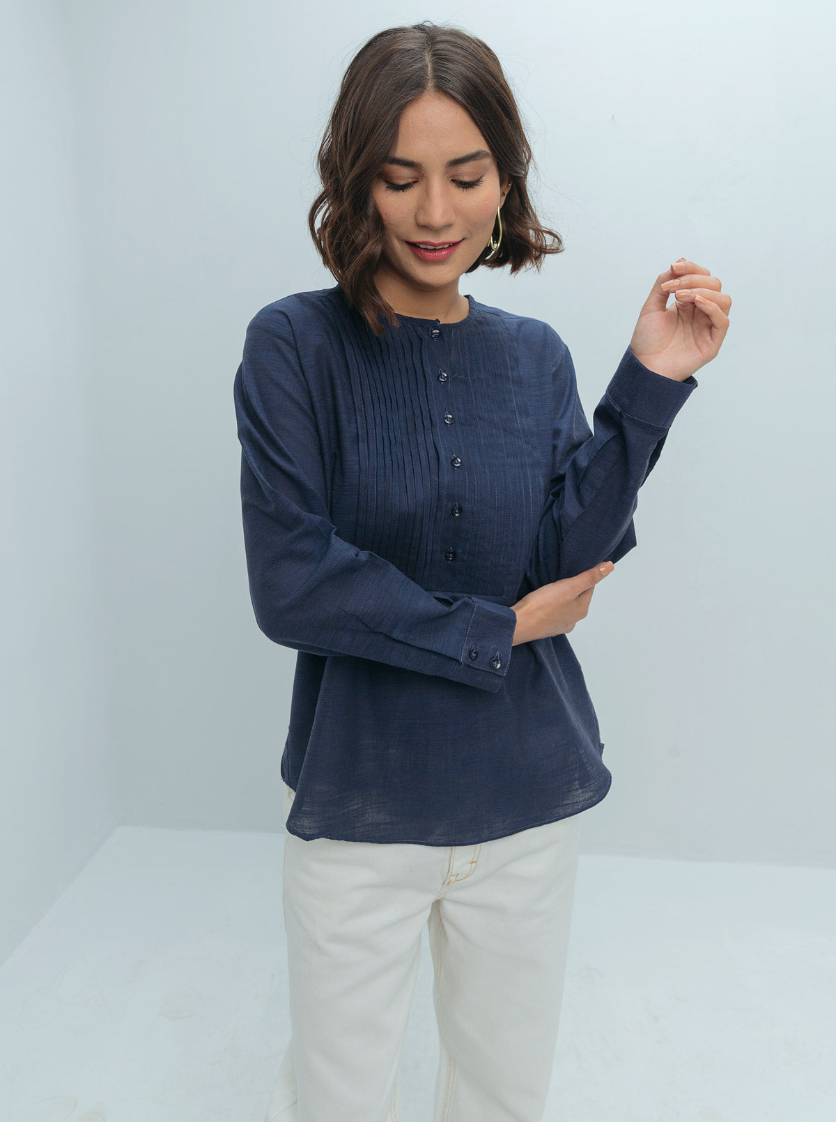 Blue Pleated Yoke Top