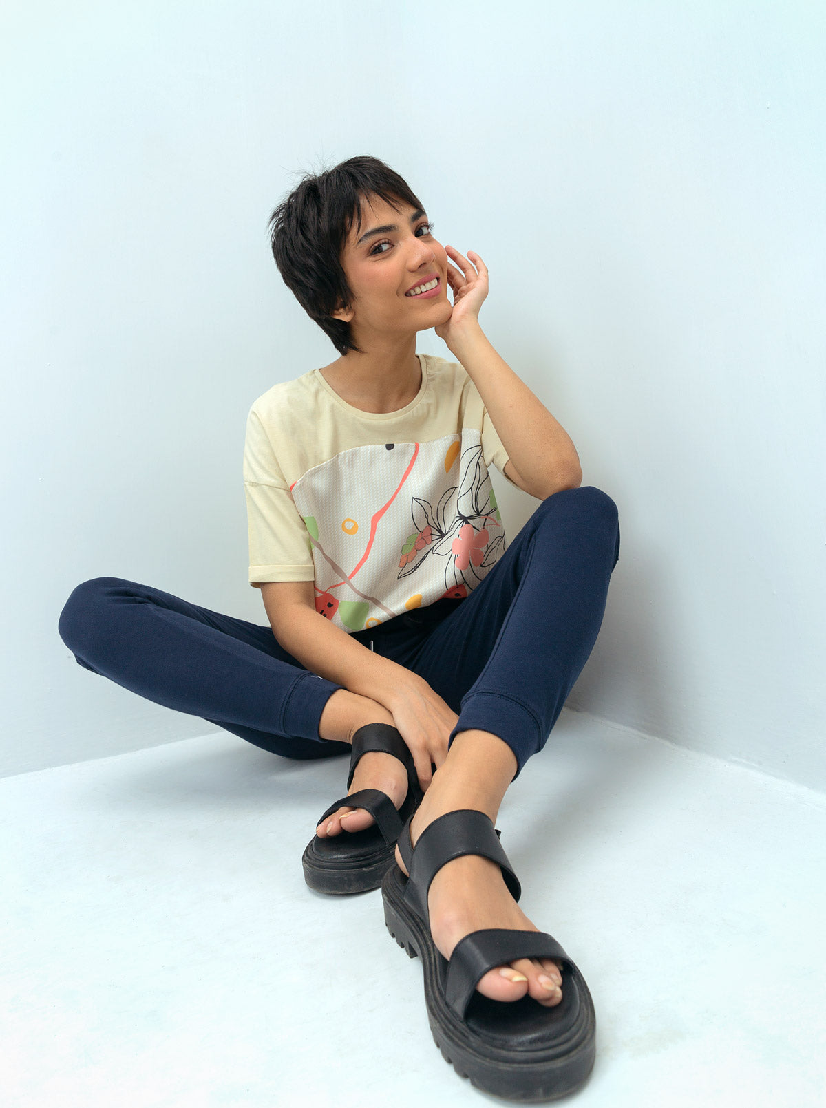 Beige Floral Printed Silk Panel T-Shirt