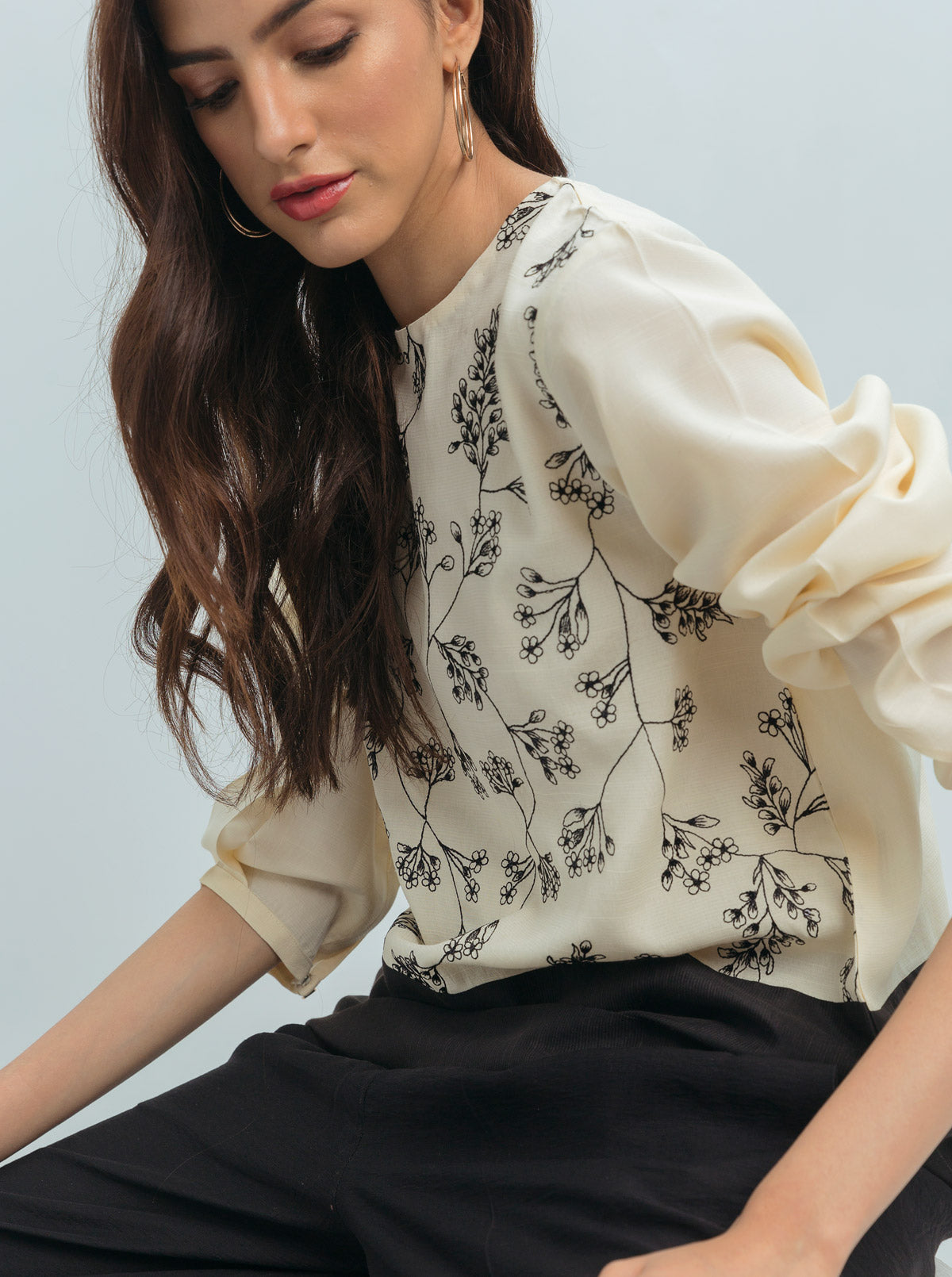 Cream Color Block Black Sequin Blouse