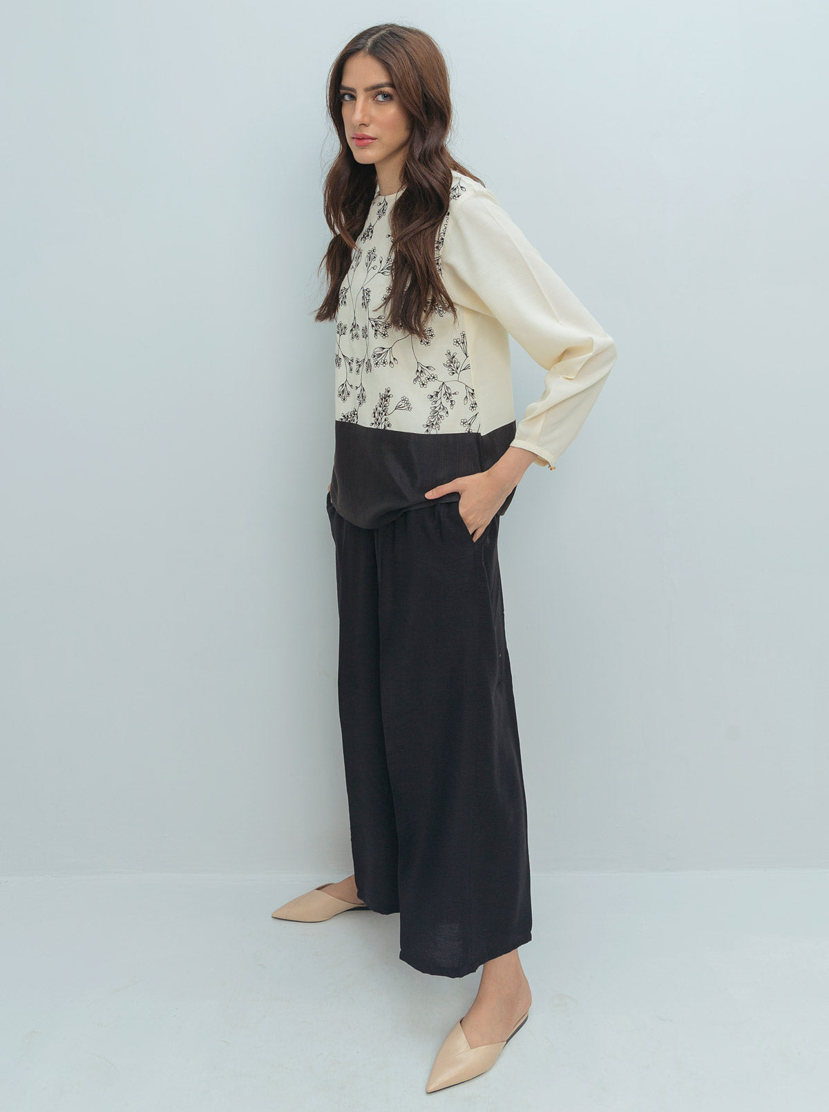 Cream Color Block Black Sequin Blouse
