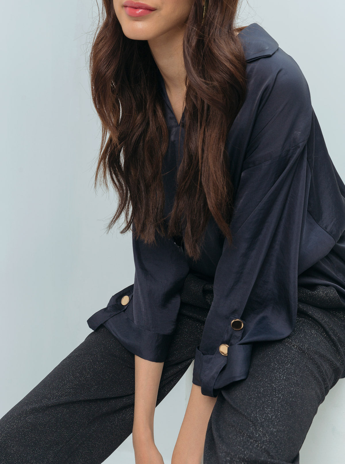 Navy Silk Collar Baggy Top