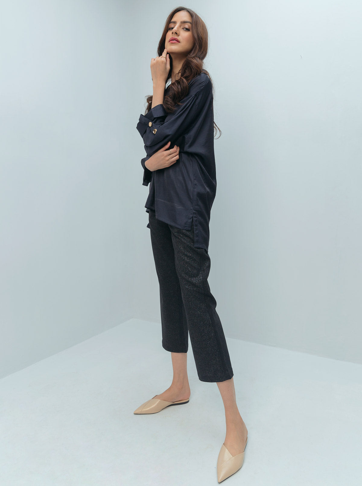 Navy Silk Collar Baggy Top