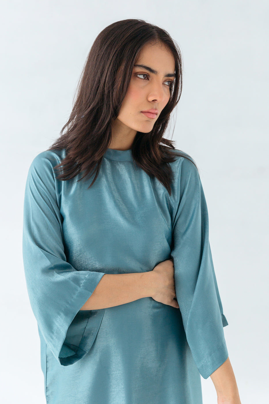 Sea Green Overlapped Pleated Long Dress