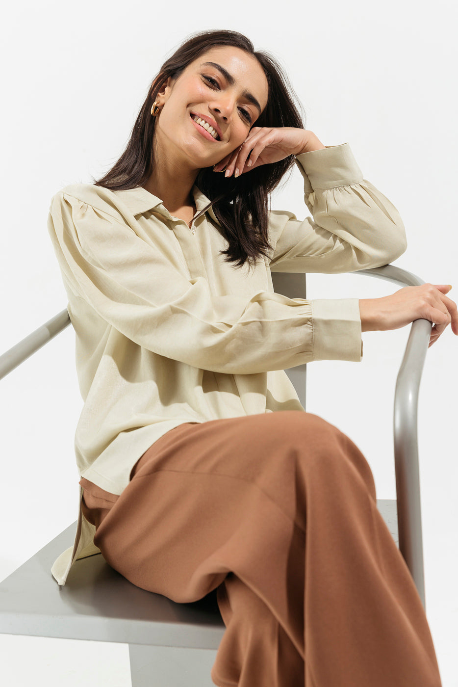 Beige Satin Button Down Top