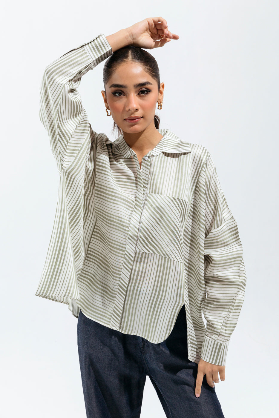 Green And White Striped Button-Though Shirt