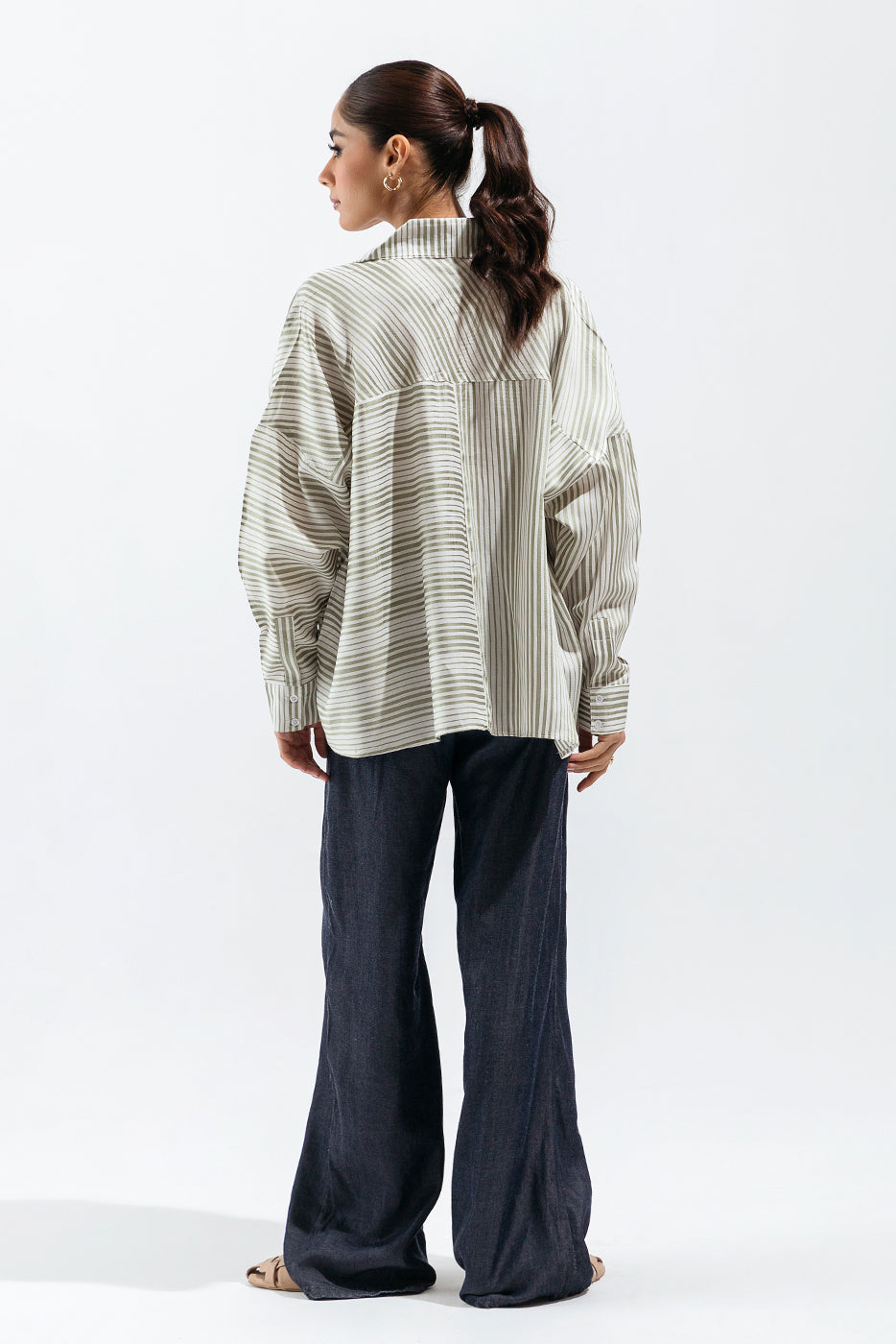 Green And White Striped Button-Though Shirt