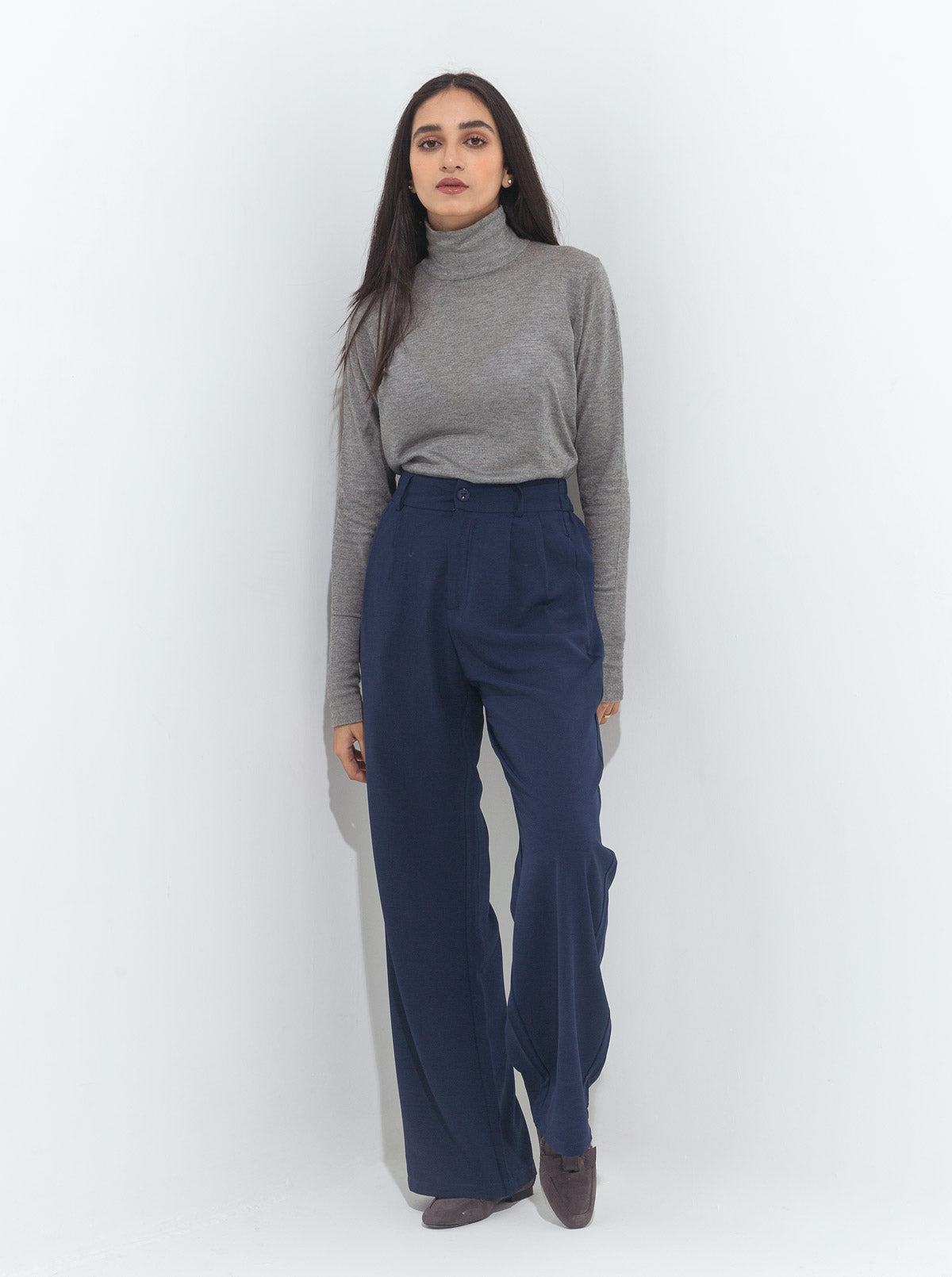 Navy Wide Leg Tailored Pants