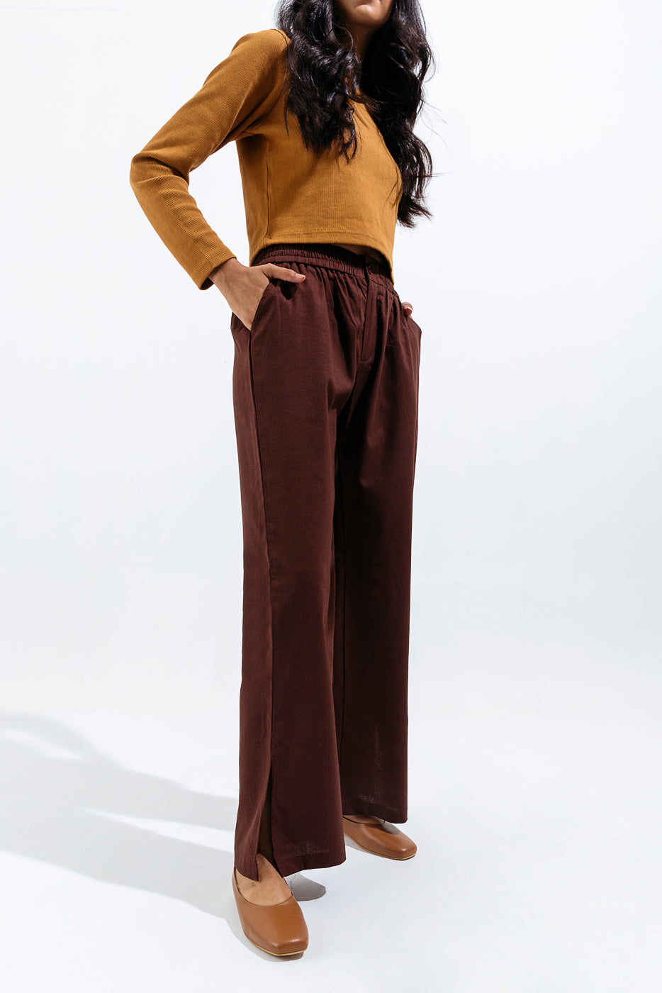 Brown Wide Leg Slit Cut Pants