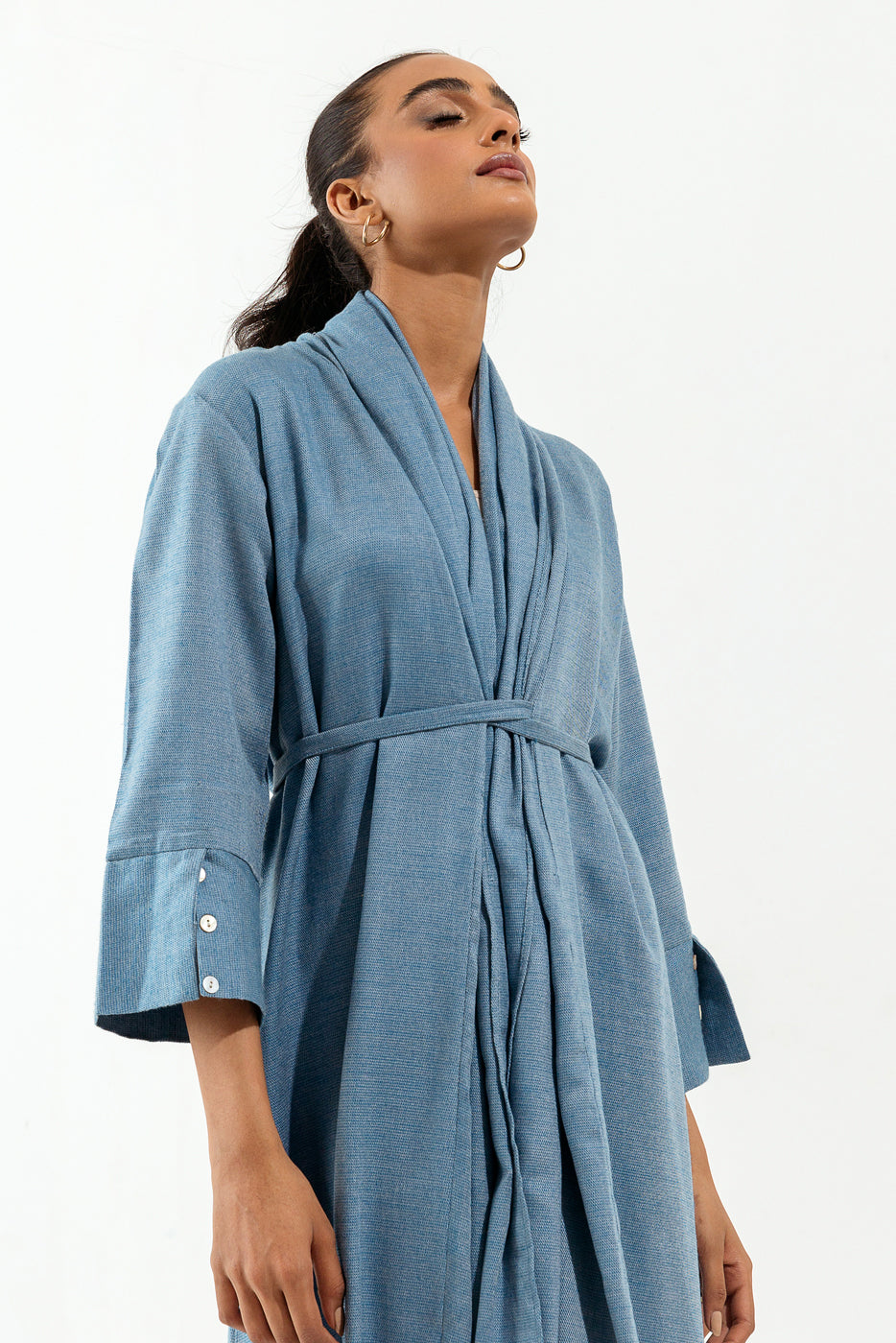 Blue Shawl Collar Long Tunic