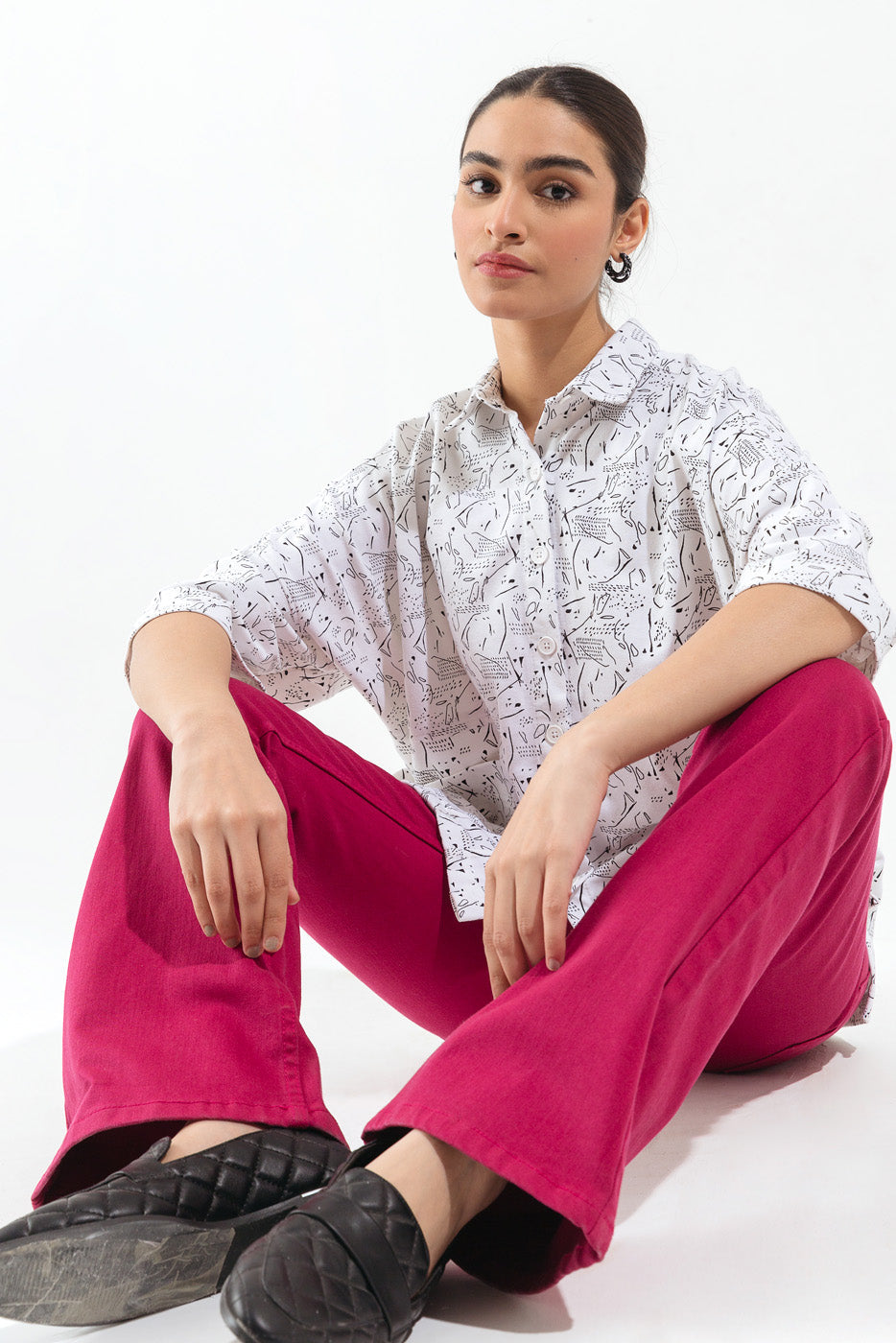 White Printed Button Down Shirt