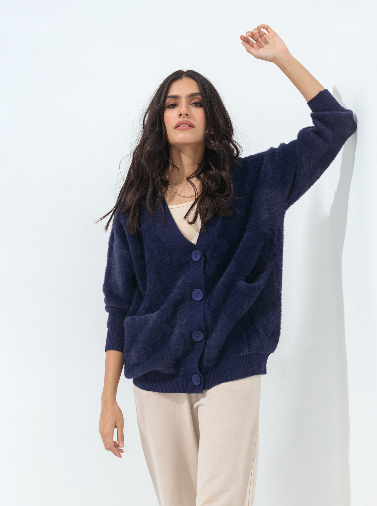 Navy Blue Oversized Fuzzy Cardigan
