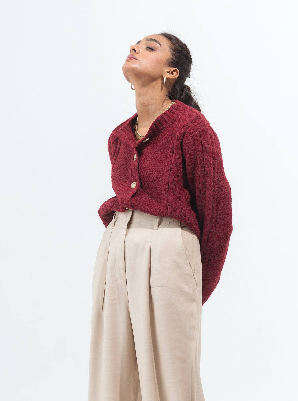 Maroon Combination Cable Knit Cardigan