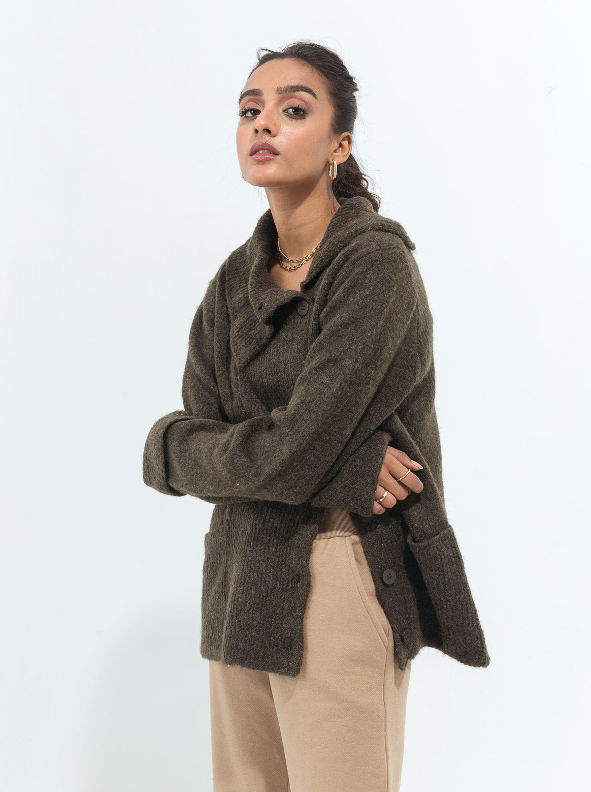 Dark Olive Asymmetrical Collar Cable Knit Cardigan