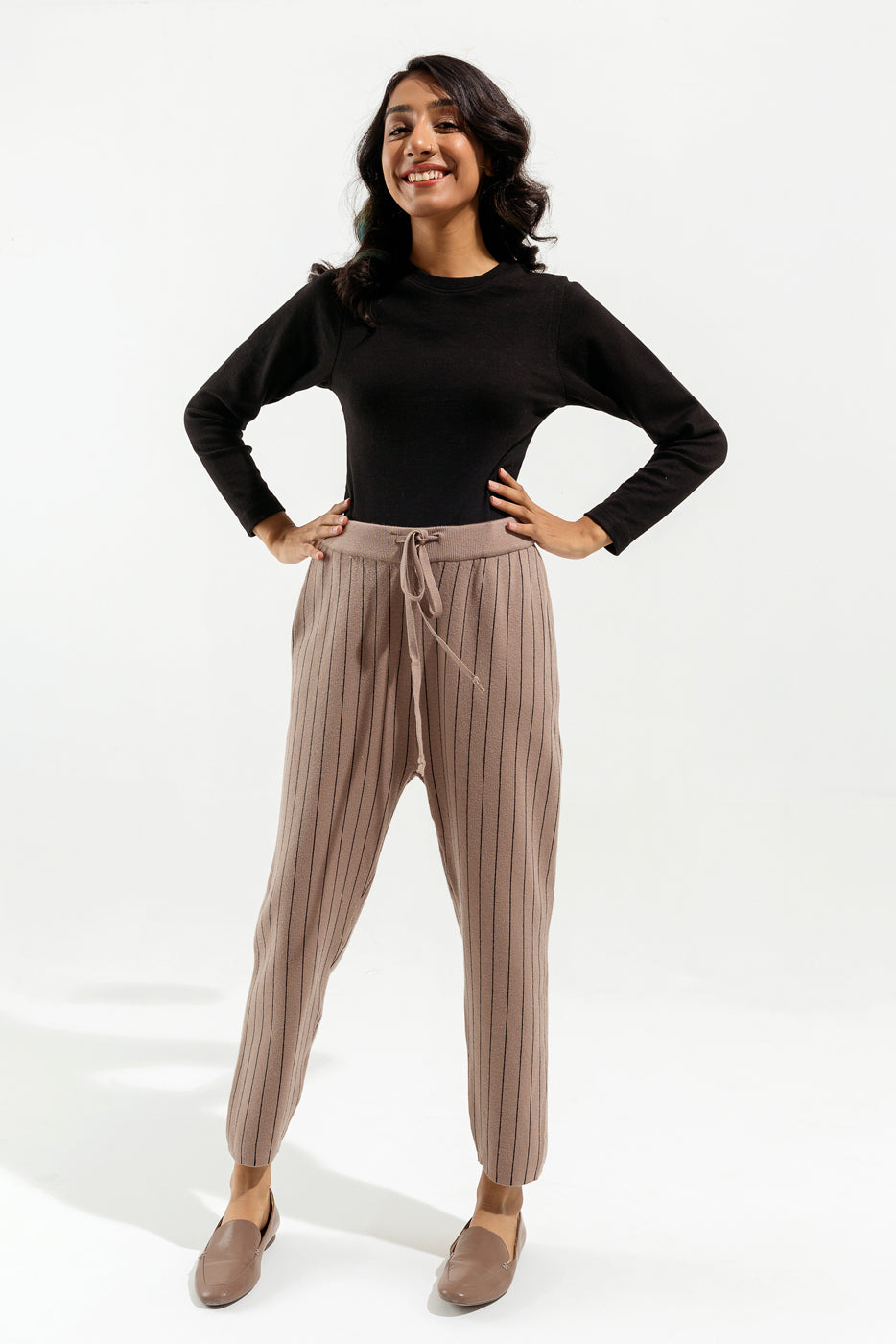 Beige Striped Sweater Pants