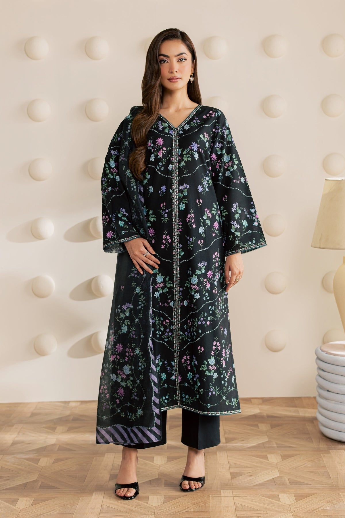 Black Aswa 3Pc - Printed Cambric Pret