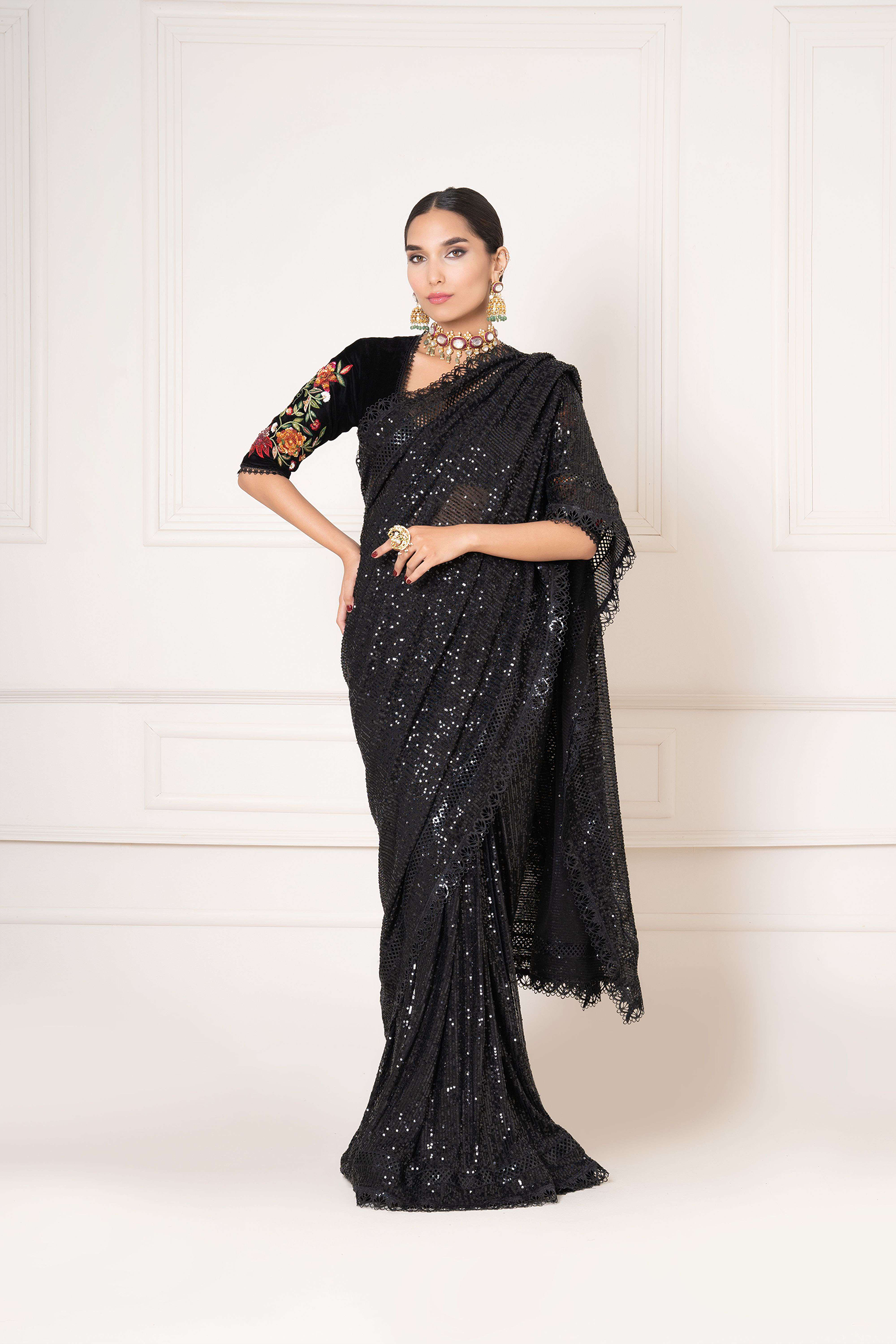Black Sequined Embellished Sari with Velvet Embellished Blouse