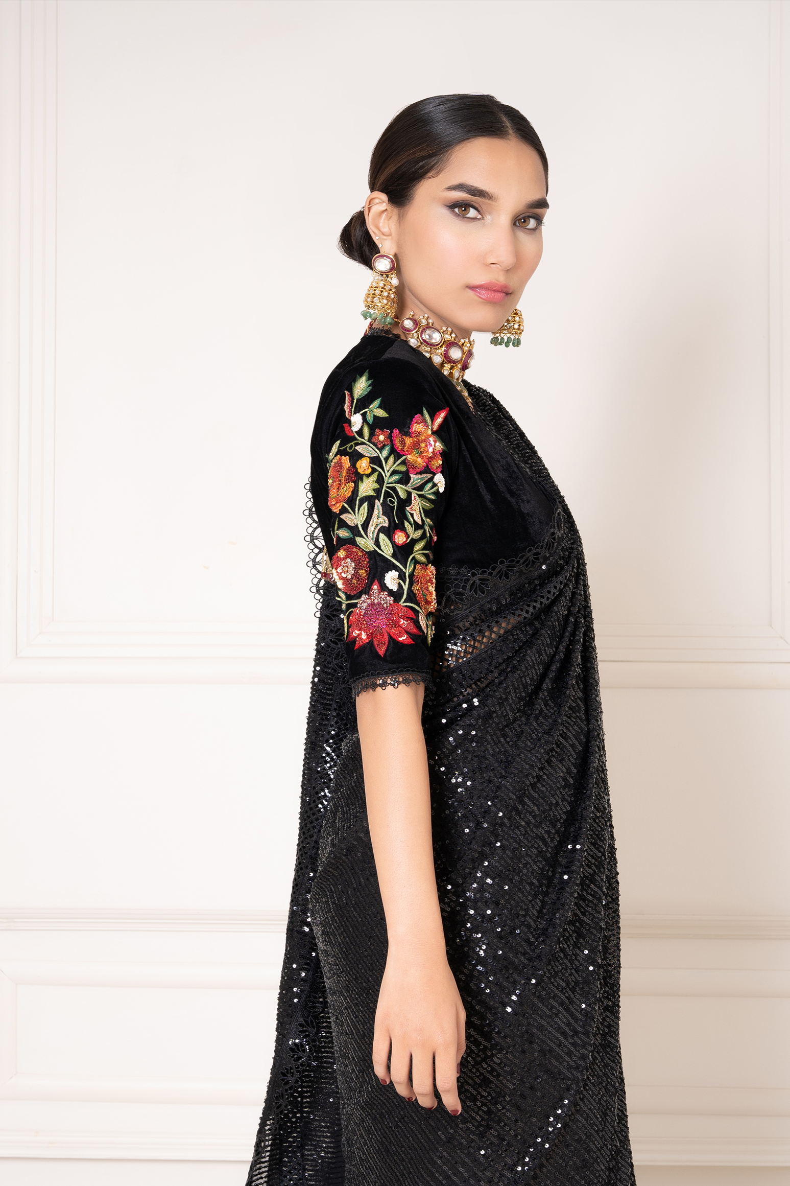 Black Sequined Embellished Sari with Velvet Embellished Blouse