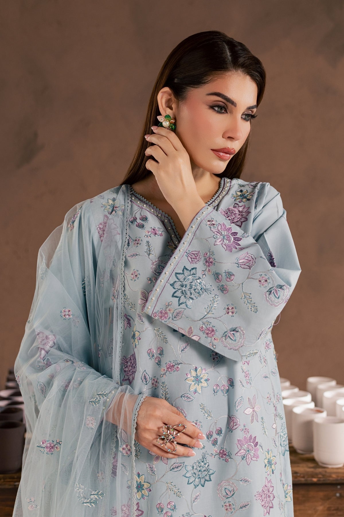 Breezy Blue 3Pc - Embroidered Cambric Pret