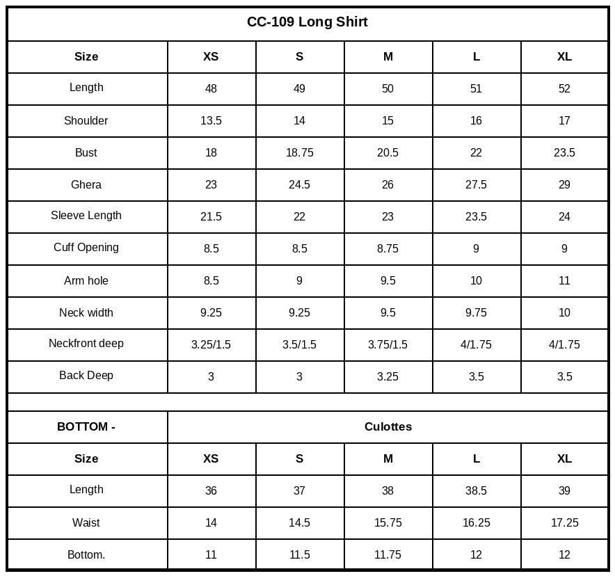 Size Chart (inches)