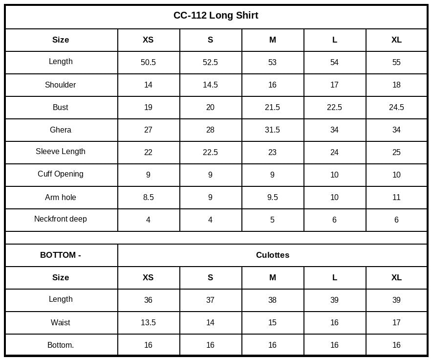 Size Chart (inches)