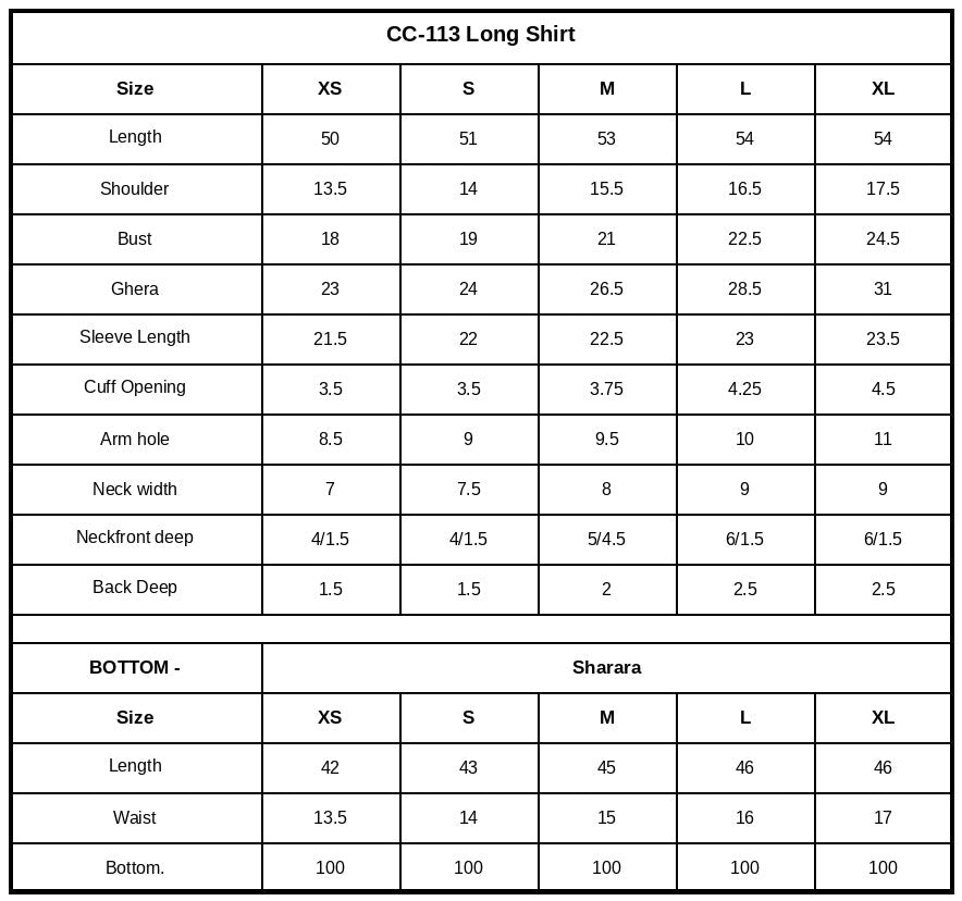 Size Chart (inches)