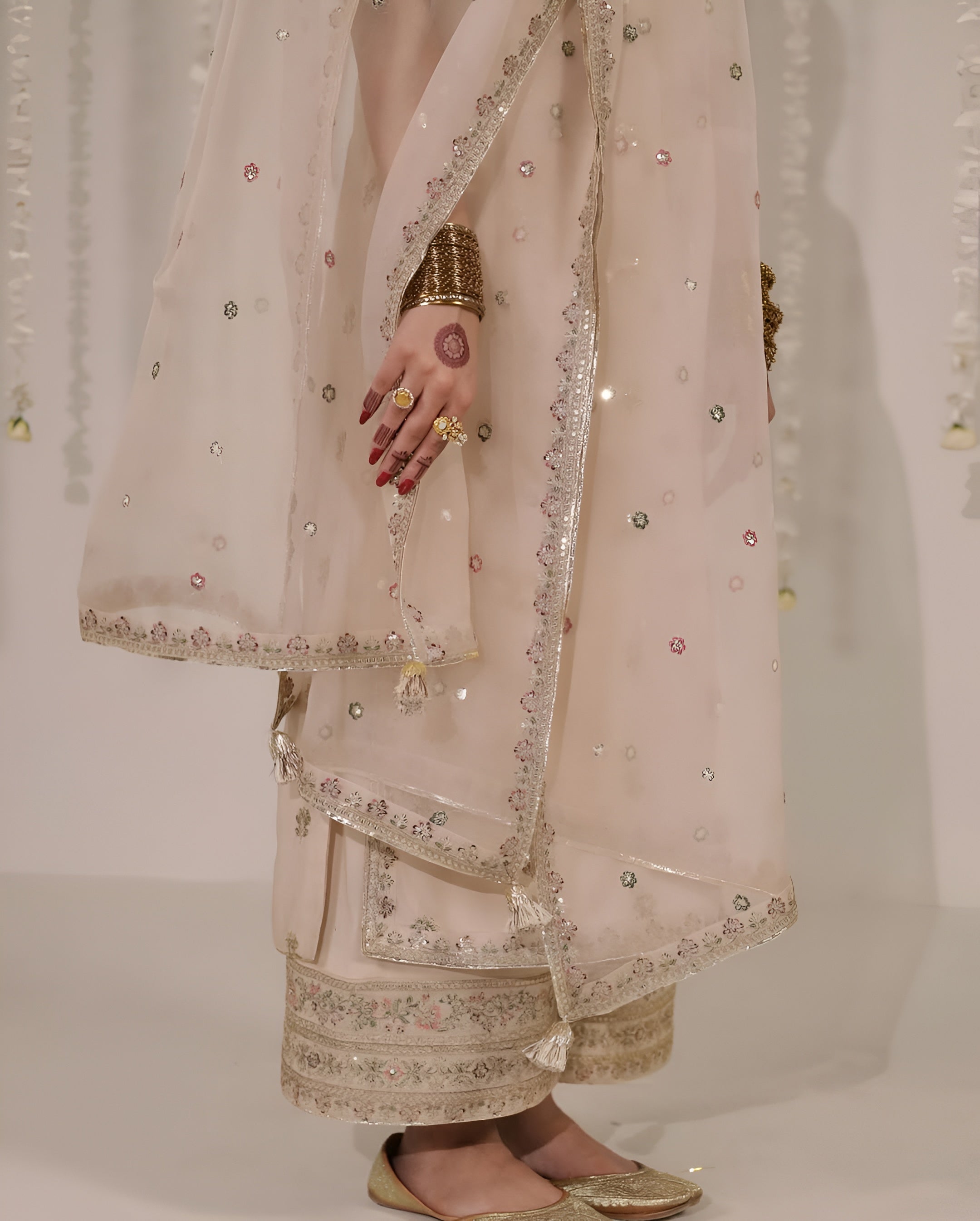 Skin Mist Powder Pink Suit | Floral Sequin & Organza Dupatta Dress
