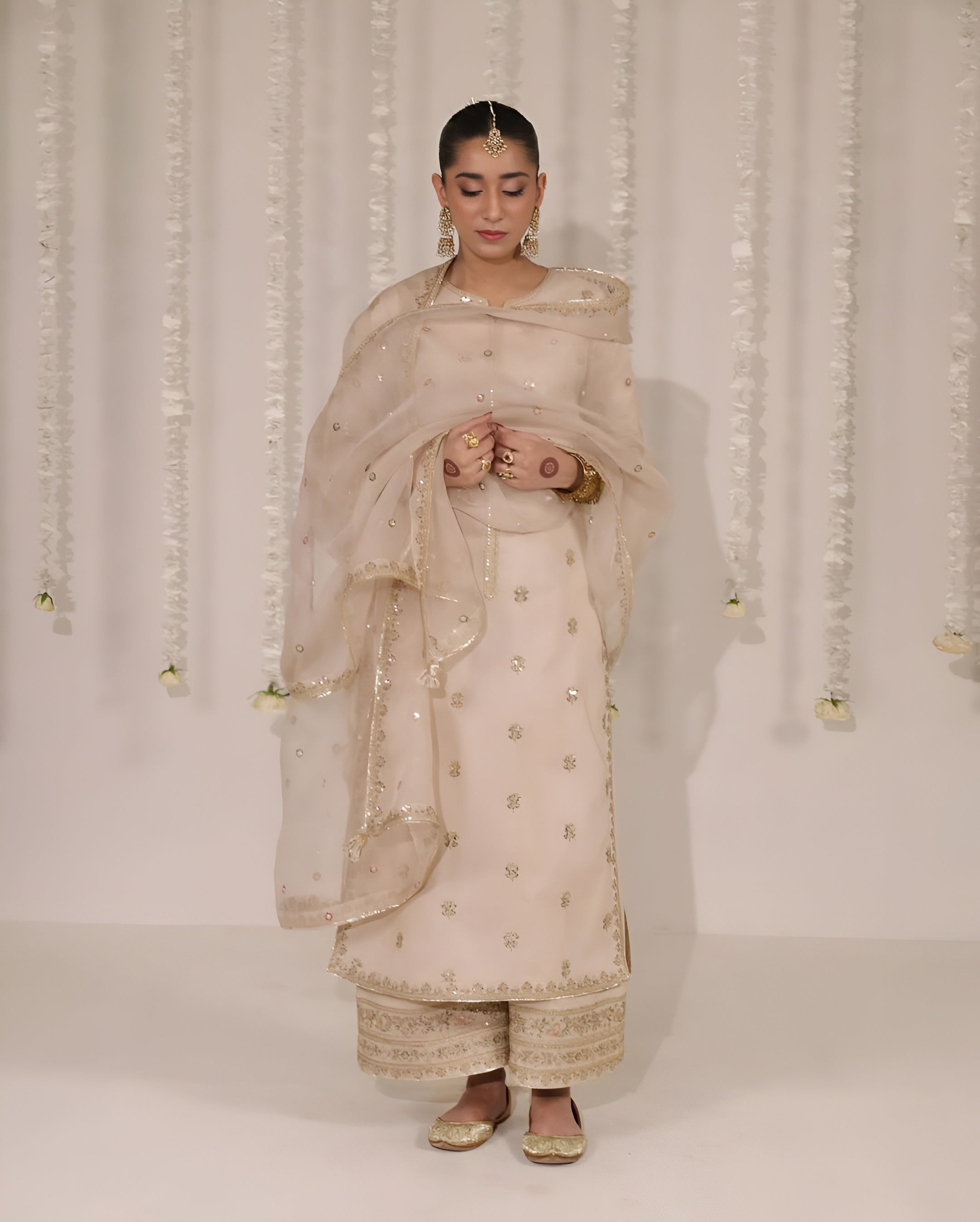 Skin Mist Powder Pink Suit | Floral Sequin & Organza Dupatta Dress