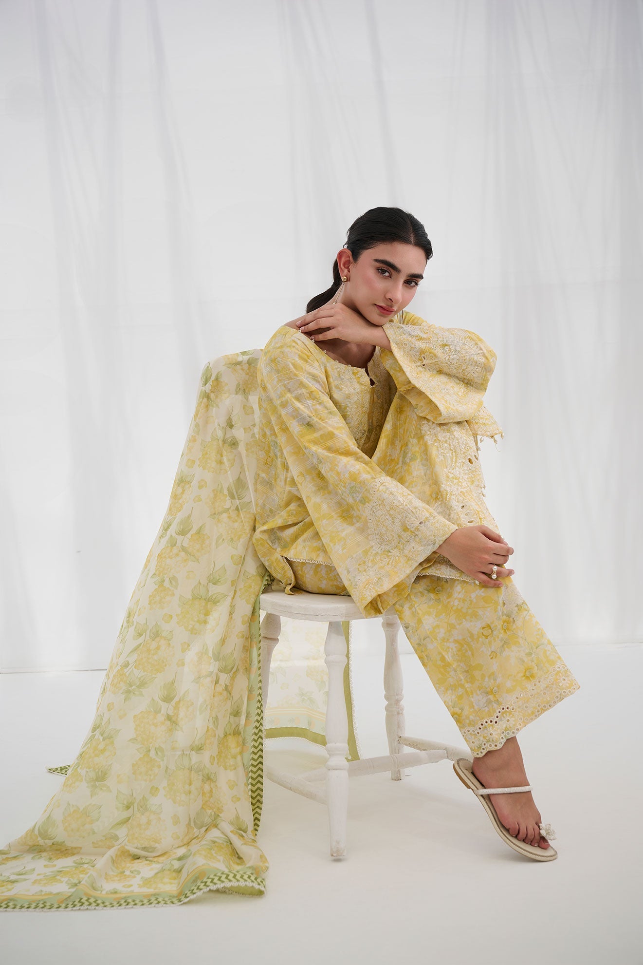 SS25DC-2555 YELLOW COTTON JACQUARD 2PCS EMBROIDERED KURTA WITH TROUSER