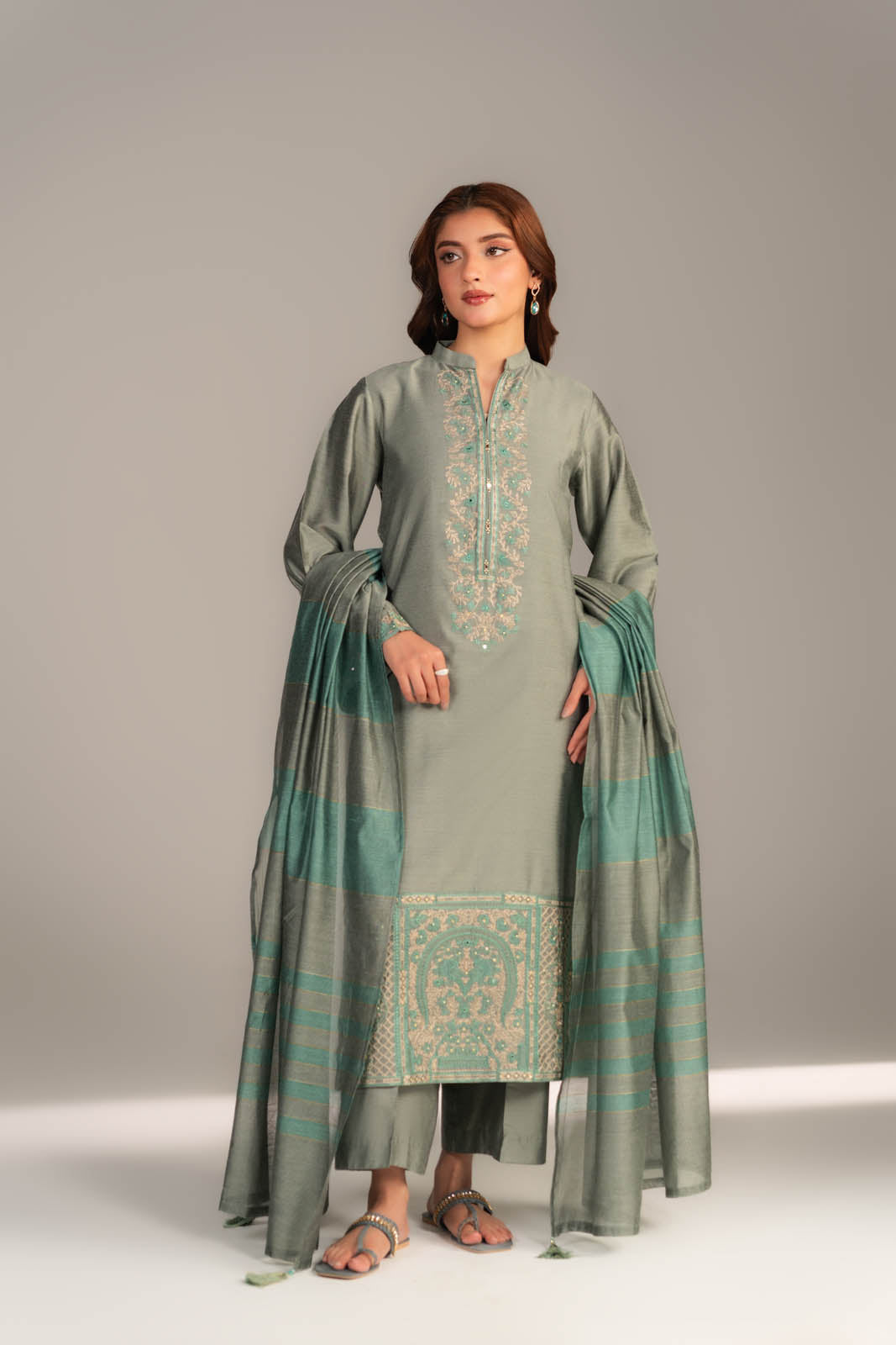 3 Piece Cotton Silk Embroidered Suit (CS0439)