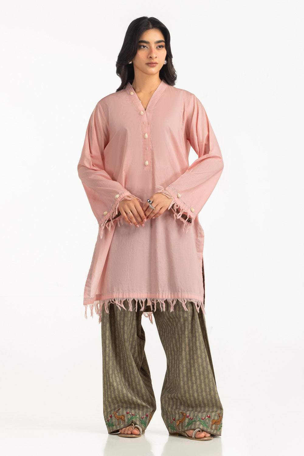 Cambric Dyed Shirt And Printed Shalwar With Embroidered