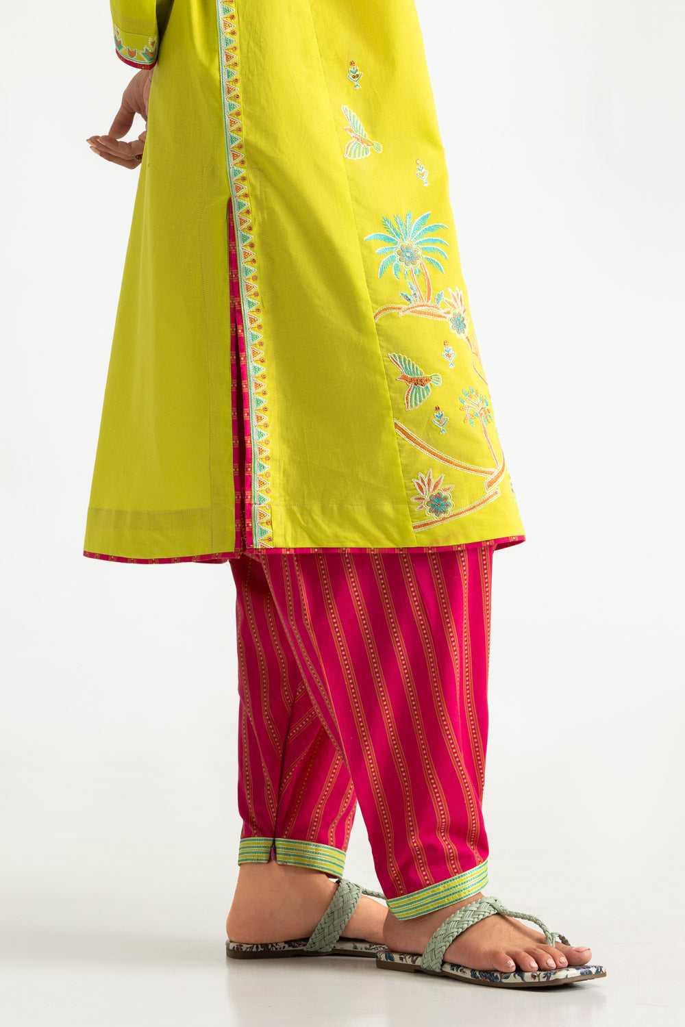 Cambric Embroidered Co-Ord Set With Printed